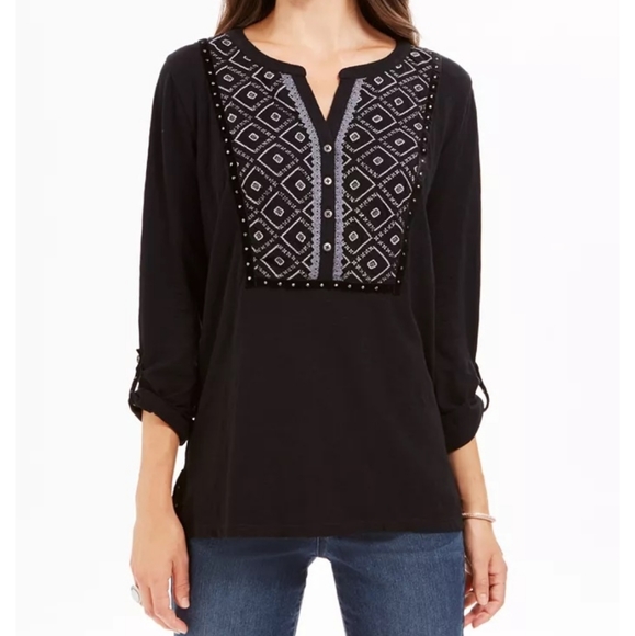🏷️Style&Co Cotton Splitneck Roll Tab Top Large Black - Picture 1 of 8
